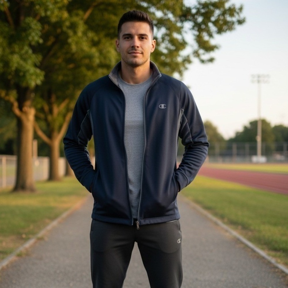 Champion Track Jacket Mens M Double Dry Blue Gray Full Zip Athletic Activewear
